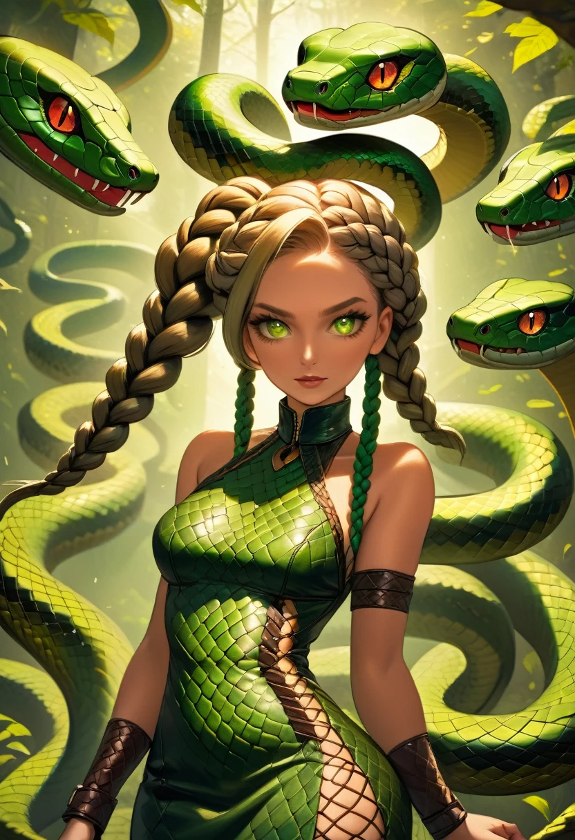 ark fantasy art a woman having (braids that become living snakes: 1.5) a most beautiful woman, reptilian eyes, pale skin, having twin snake braids, ((only two braids made from living snakes: 1.3)) each braid a snake coming out the woman's head, living snake, hissing snake, on the woman's head, she wears intricate leather dress, dynamic color dress, thigh high heeled boots, modern bar background, dynamic range, vibrant, Ultra-high resolution, High Contrast, (masterpiece:1.5), highest quality, Best aesthetics), best details, best quality, highres, ultra wide angle, 16k, [ultra detailed], masterpiece, best quality, (extremely detailed), snake hair