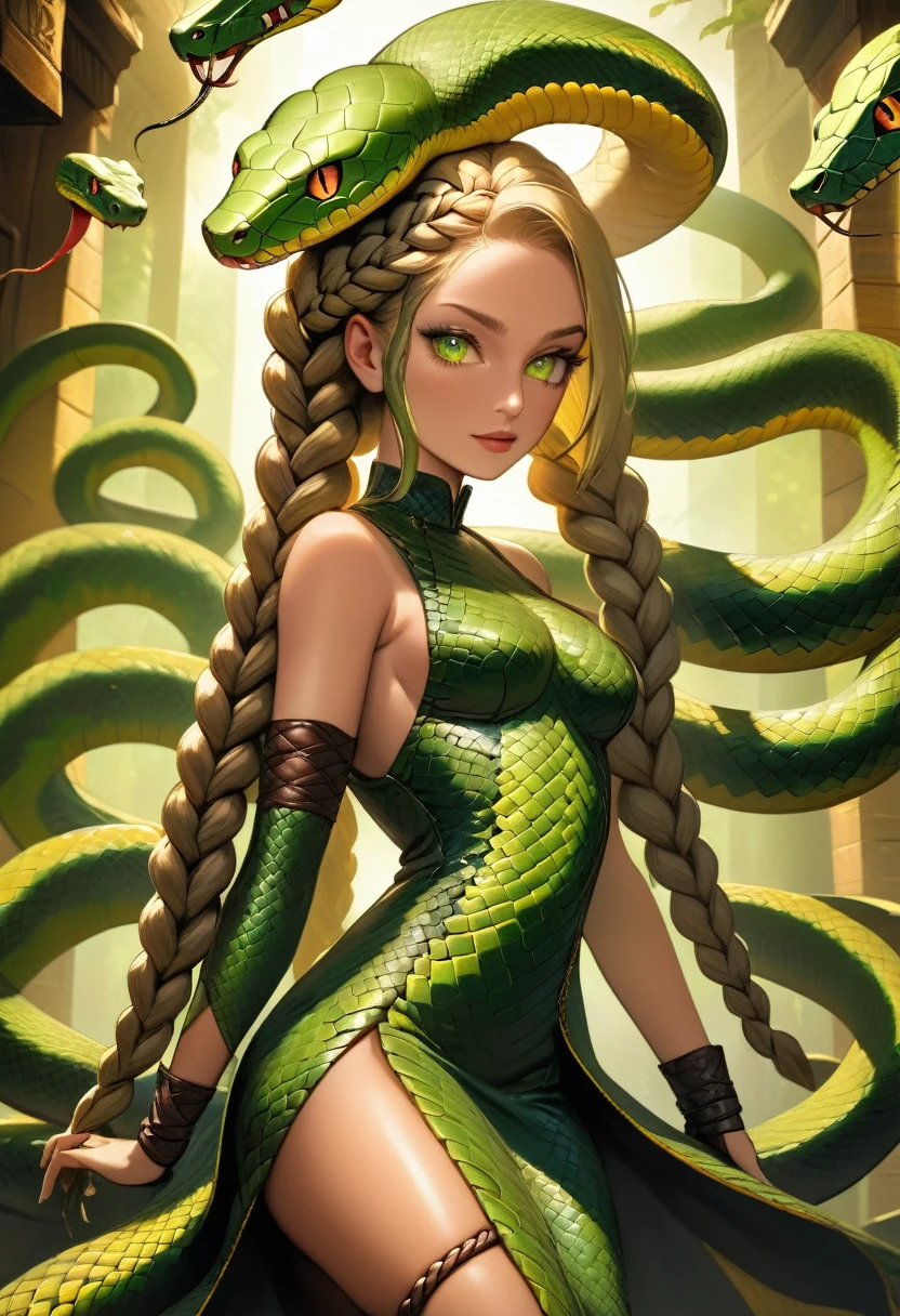 ark fantasy art a woman having (braids that become living snakes: 1.5) a most beautiful woman, reptilian eyes, pale skin, having twin snake braids, ((only two braids made from living snakes: 1.3)) each braid a snake coming out the woman's head, living snake, hissing snake, on the woman's head, she wears intricate leather dress, dynamic color dress, thigh high heeled boots, modern bar background, dynamic range, vibrant, Ultra-high resolution, High Contrast, (masterpiece:1.5), highest quality, Best aesthetics), best details, best quality, highres, ultra wide angle, 16k, [ultra detailed], masterpiece, best quality, (extremely detailed), snake hair