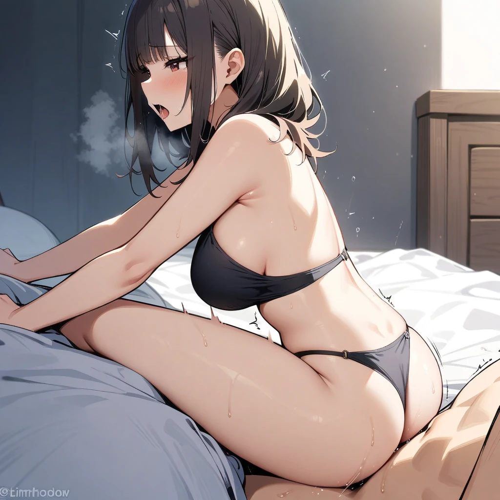 masterpiece, best quality, highres, 8K, ,medium breasts,1 girl,1 boy,Sex,orgasm,im Bett,black swimsuit,Red black hair