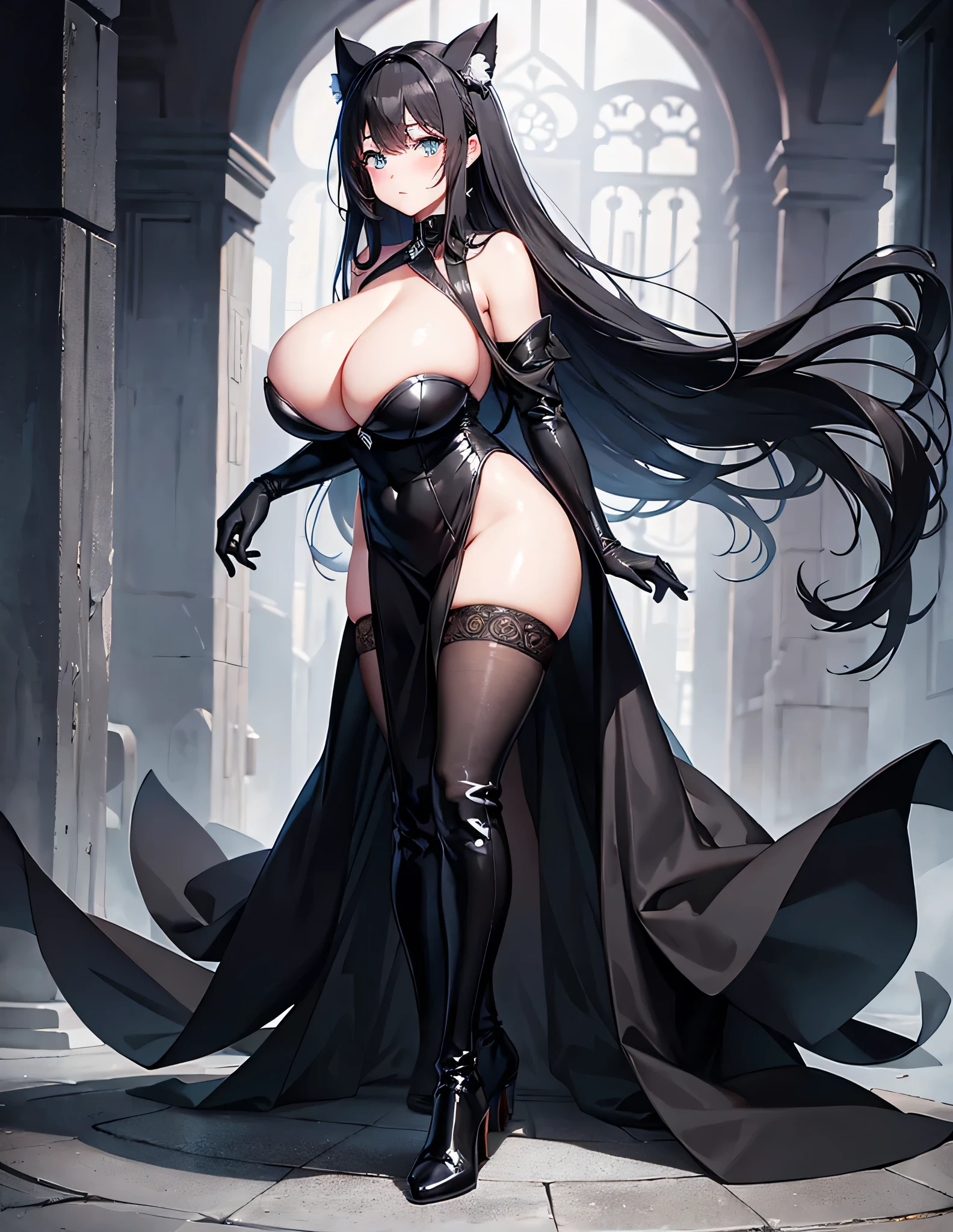 Full body, beautiful eyes, blush, cute face, (1 cute woman, solo: 1.1), gigantic breasts, long black hair, black dress, black elbow gloves, black high heel boots, naked shoulders