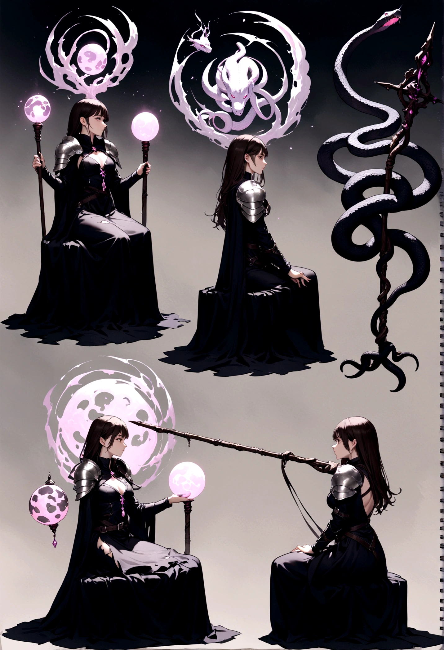 Lorana character is a witch in a dark torn dress, silver shoulder pads: snake reliefs, orbs: pink skulls sketchbook: the character in 3 ways front, back and in profile, various poses: combat, sitting, Snake Staff: emanation of dark power