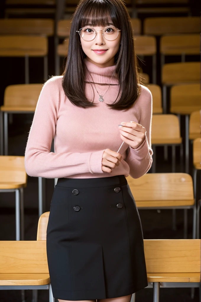 University lecture hall, university psychology associate professor, ((full body)), ((photo)), ((best qualtiy, 8K, tmasterpiece:1.3)), Focus:1.2, perfect figure beautiful woman:1.4, 1woman, cowboy shot, look at viewer, eyes facing the camera, incredibly absurd, beautiful and cute woman with a photorealistic face, showcasing top-quality craftsmanship, A Japanese woman giving a lecture at a university lecture hall, 27 years old, with a bob cut and flipped hair, short bangs swept at an angle, smooth and shiny hair, natural hairline, fair and smooth skin, plump and healthy cheeks, large, jet black eyes, round eyes, long and upward-facing eyelashes, double eyelids, thin and straight eyebrows, small and round nose, plump lips, upturned corners of the mouth, charming smile, cute face, glamorous, well-balanced proportions, tall, beautiful D-cup breasts, silver-rimmed glasses, pink blouse, black tight skirt, fashion with a waist-marked silhouette, scarf, heeled shoes, vanilla perfume, beautiful, pretty older woman, glasses suit her, knowledgeable, playful, curious, intelligent, elegant, November