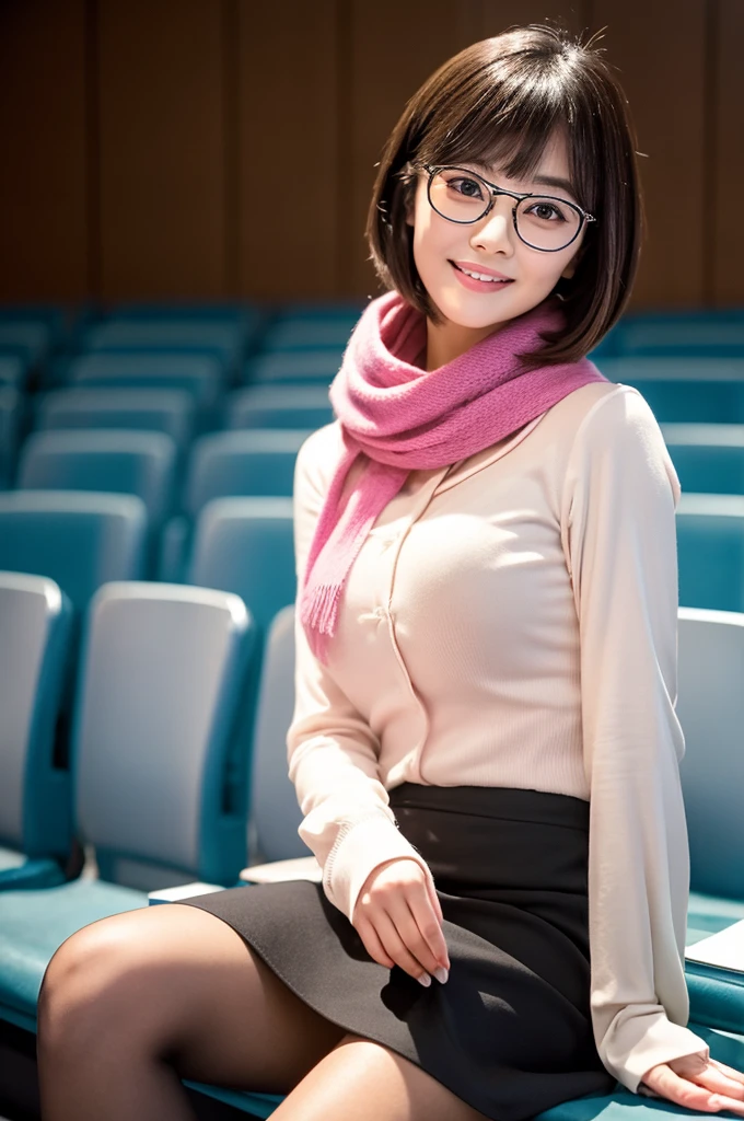 University lecture hall, university psychology associate professor, ((full body)), ((photo)), ((best qualtiy, 8K, tmasterpiece:1.3)), Focus:1.2, perfect figure beautiful woman:1.4, 1woman, cowboy shot, look at viewer, eyes facing the camera, incredibly absurd, beautiful and cute woman with a photorealistic face, showcasing top-quality craftsmanship, A Japanese woman giving a lecture at a university lecture hall, 27 years old, with a bob cut and flipped hair, short bangs swept at an angle, smooth and shiny hair, natural hairline, fair and smooth skin, plump and healthy cheeks, large, jet black eyes, round eyes, long and upward-facing eyelashes, double eyelids, thin and straight eyebrows, small and round nose, plump lips, upturned corners of the mouth, charming smile, cute face, glamorous, well-balanced proportions, tall, beautiful D-cup breasts, silver-rimmed glasses, pink blouse, black tight skirt, fashion with a waist-marked silhouette, scarf, heeled shoes, vanilla perfume, beautiful, pretty older woman, glasses suit her, knowledgeable, playful, curious, intelligent, elegant, November