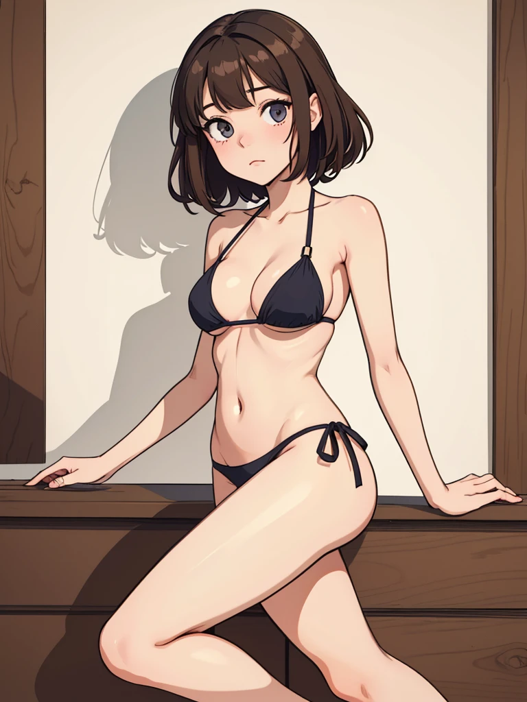 (((masterpiece, best quality, ultra highres, 1 girl, solo, no background))), super detailed skin and face and eyes and finger, beautiful japanese woman, small breasts:1.5, skinny, light brown hair, white background, very short curly pixie hair, (an illustration of girl), Knee shot, Generate with illustrations, Various expressions, Various poses, Please draw the entire character within the frame, ensuring that the head, arms, and legs are not cut off. The background should be simple, with the character positioned centrally, outline, anime, sad, bikini, sitting, spread legs,