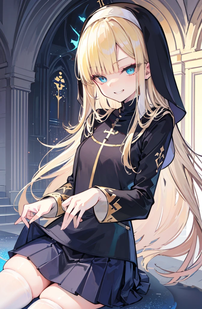 [(cathedral background:1.4)::5],Original,(Illustration:1.1),(Best Quality),(masutepiece:1.1),(the Extremely Detailed CG Unity 8K Wallpapers:1.1), (Colorful:0.9),(mid-shot:0.95),(very detailed beautiful face and eyes),(Solo:1.2), (girl),(((Adult))), (Detailed beautiful eyes:1.15), (Beautiful face:1.15), (Glowing blue eyes:1.25////),(((blond Long Hair))),((Black nun Costume)),((Black pleated mini skirt)),(+perfect hand+:1.21),(Draw an illustration of a girl in a black nun costume woman),(Religious),(slender),(((Adult))),((Wearing black thighhighs)),evil Smile,face-makeup,royal,((Black Nun)),((evil smile)),