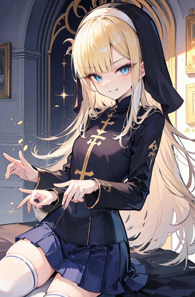 [(cathedral background:1.4)::5],Original,(Illustration:1.1),(Best Quality),(masutepiece:1.1),(the Extremely Detailed CG Unity 8K Wallpapers:1.1), (Colorful:0.9),(mid-shot:0.95),(very detailed beautiful face and eyes),(Solo:1.2), (girl),(((Adult))), (Detailed beautiful eyes:1.15), (Beautiful face:1.15), (Glowing blue eyes:1.25////),(((blond Long Hair))),((Black nun Costume)),((Black pleated mini skirt)),(+perfect hand+:1.21),(Draw an illustration of a girl in a black nun costume woman),(Religious),(slender),(((Adult))),((Wearing black thighhighs)),evil Smile,face-makeup,royal,((Black Nun)),((evil smile)),