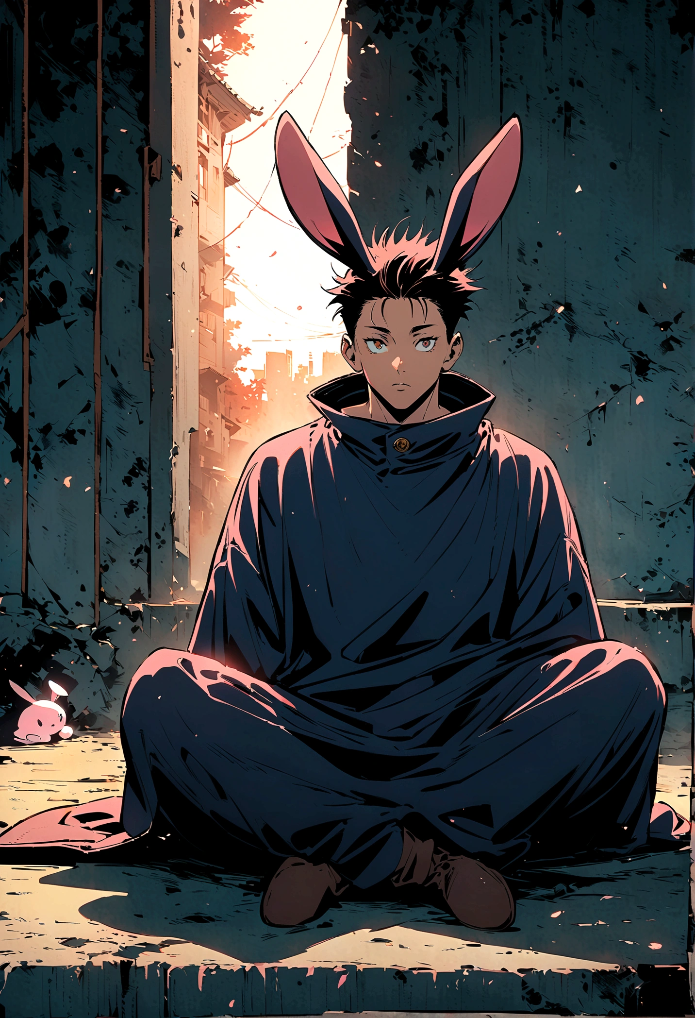 (jujutsu kaisen art style), no clothes stuffed bunny sitting by itself, big ears, artwork