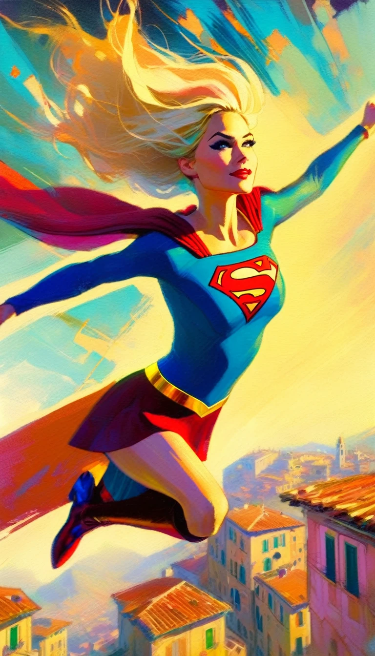 chopped shot, supergirl character, flying over a cute Italian city (art inspired by Bill Sienkiewicz). oil painting)