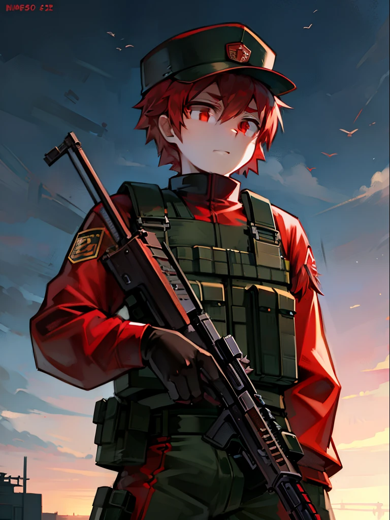 solo, human, male, red hair, red eyes, wear SWAT outfit, wear SWAT hat, standing on military base, grabbing Rifle gun, military background, noon time