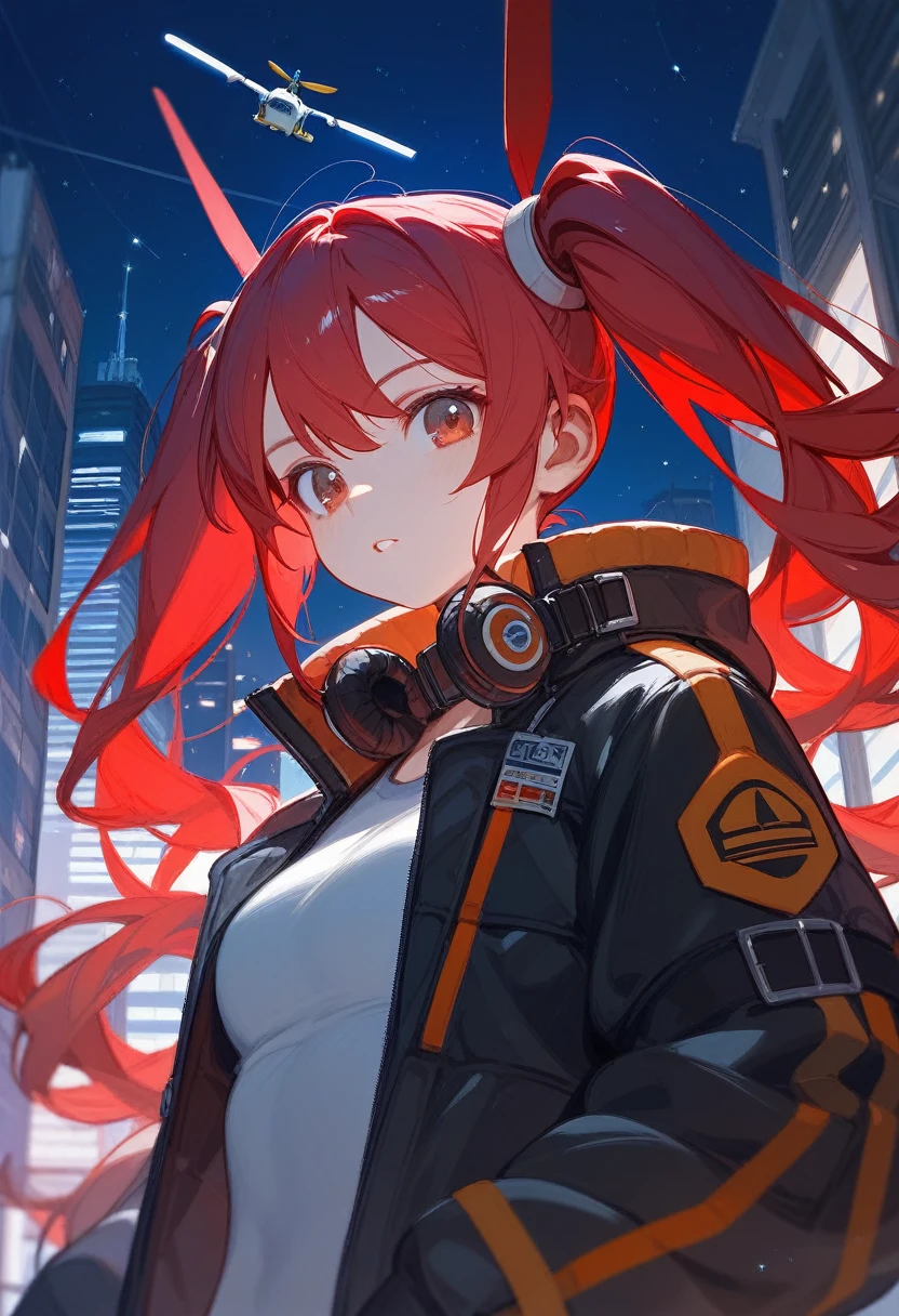 Shigeo Tet、Red Hair、curled twin tails、、girl、night、night景、cyber punk、building、helicopter、Strong contrast