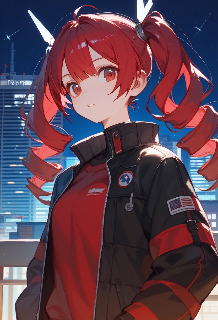 Shigeo Tet、Red Hair、curled twin tails、、girl、night、night景、cyber punk、building、helicopter、Strong contrast