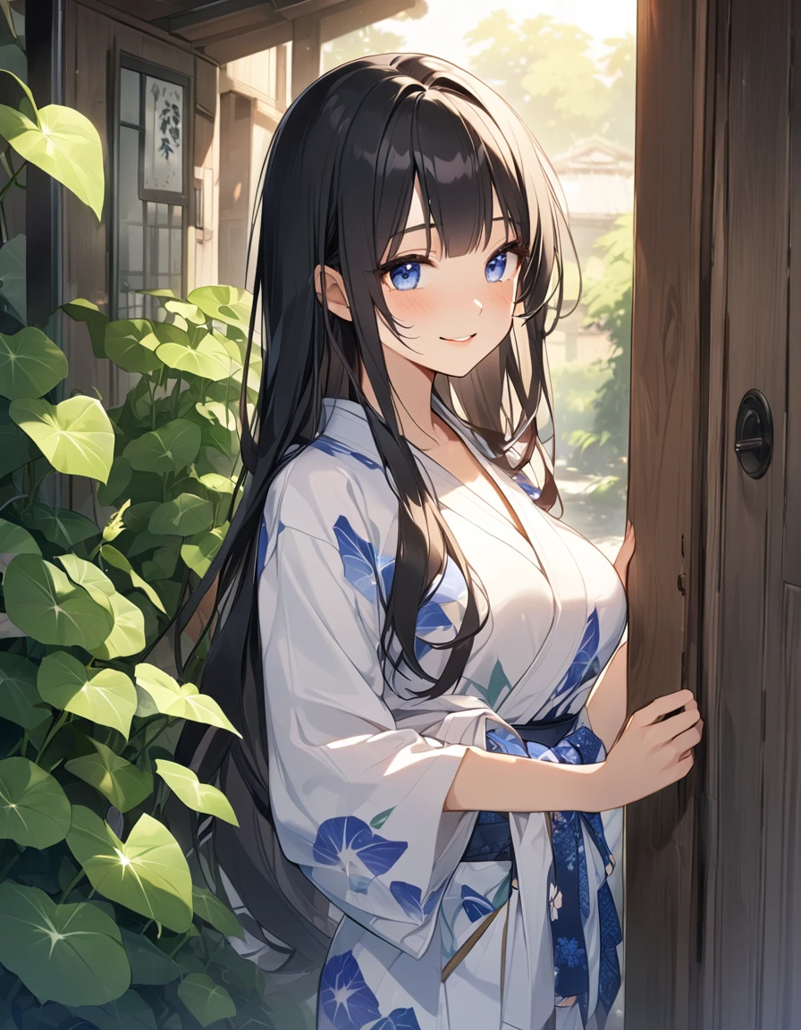 (Highest qualityのイラスト:1.2), (Black Hairの美少女:1.1), (1 girl、17 years old、Highest qualityのイラスト:1.2), (1 girl、Kind eyes、blue eyes:1.2)、((Black Hair:1.2))、Semi-long hair、(Highest quality、Very detailed、cute、Ultra-high resolution) 、Larger breasts、Yukata、smile、Old street corner in Japan、morning、morning glory