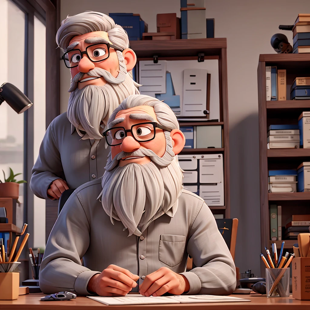 gray hair and beard sitting at office desk