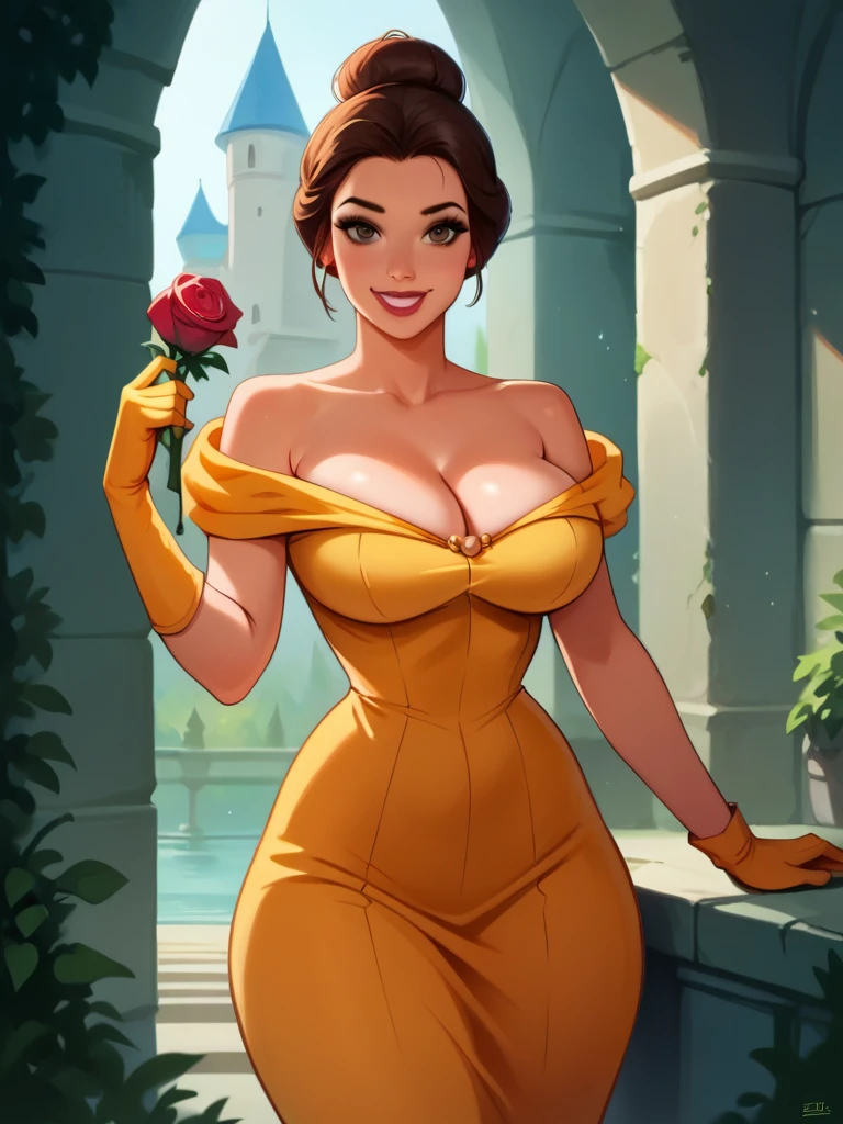 score_9, score_8_up, score_7_up, score_6_up, 1girl holding a rose in a castle, makeup, yellow short dress, bare shoulders, heavy cleavage, gloves, hair bun, tiara, slim body, huge round breasts, narrow waist, wide hips, thick thighs, looking at viewer, dynamic angle, cowboy shot, cartoon, dynamic pose, smile, cute, wide shot, realistic, 
BelleXLP, flashing,