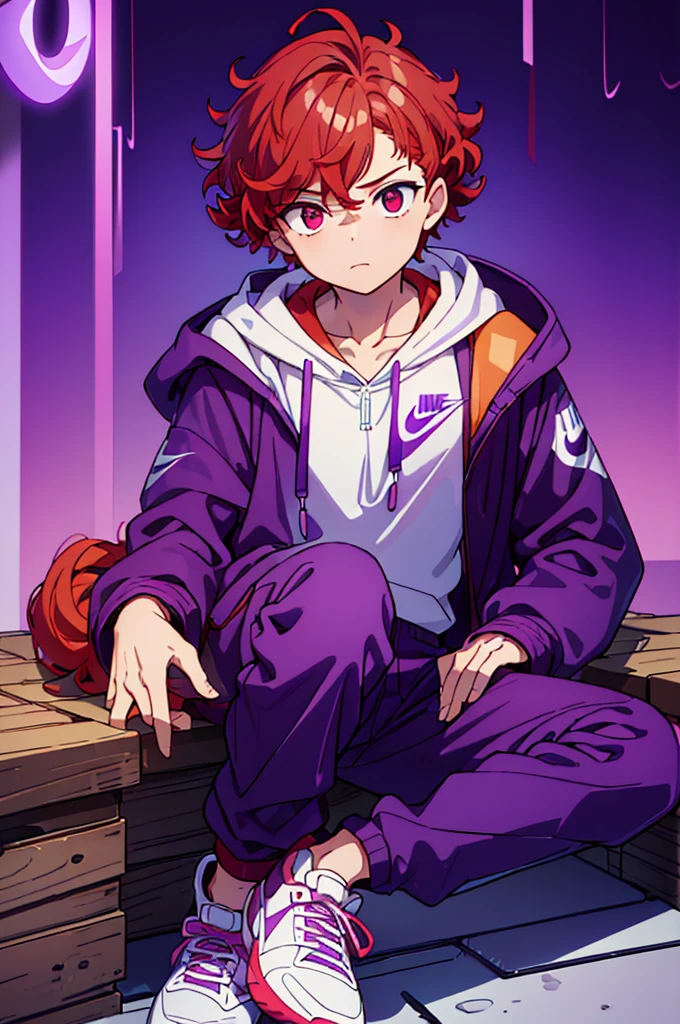 ((whole body)), (( boy ,male gender)), ((curly red hair)), ((masculine face)),((eyeballs )),((purple hooded coat )),((purple pants )),((white nike shoes)) sitting looking at the sky