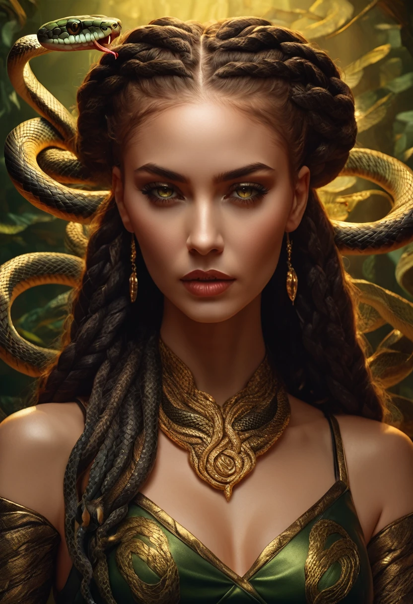 dark fantasy art a woman having (braids thar become living snakes: 1.5) a most beautiful woman, reptilian eyes, pale skin, having twin snake braids, ((only two braids made from living snakes: 1.3)) each braid a snake coming out the woman's head, living snake, hissing snake,  on the woman's  head, she wears intricate leather dress, dynamic color dress,  thigh high heeled boots, modern bar background,  dynamic range, vibrant, Ultra-high resolution, High Contrast, (masterpiece:1.5), highest quality, Best aesthetics), best details, best quality, highres, ultra wide angle, 16k, [ultra detailed], masterpiece, best quality, (extremely detailed), snake hair, sn4k3h41r, snake hair