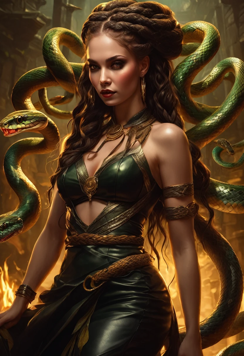 dark fantasy art a woman having (braids thar become living snakes: 1.5) a most beautiful woman, reptilian eyes, pale skin, having twin snake braids, ((only two braids made from living snakes: 1.3)) each braid a snake coming out the woman's head, living snake, hissing snake,  on the woman's  head, she wears intricate leather dress, dynamic color dress,  thigh high heeled boots, modern bar background,  dynamic range, vibrant, Ultra-high resolution, High Contrast, (masterpiece:1.5), highest quality, Best aesthetics), best details, best quality, highres, ultra wide angle, 16k, [ultra detailed], masterpiece, best quality, (extremely detailed), snake hair, sn4k3h41r, snake hair