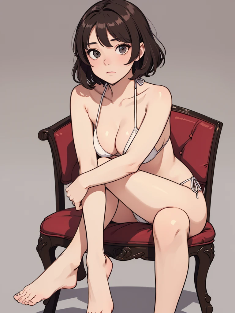 (((masterpiece, best quality, ultra highres, 1 girl, solo, no background))), super detailed skin and face and eyes and finger, beautiful japanese woman, small breasts:1.5, skinny, light brown hair, white background, very short curly pixie hair, (an illustration of girl), Knee shot, Generate with illustrations, Various expressions, Various poses, Please draw the entire character within the frame, ensuring that the head, arms, and legs are not cut off. The background should be simple, with the character positioned centrally, outline, anime, sad, bikini, sitting, spread legs,