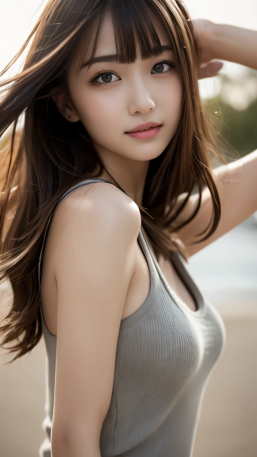 8K,Highest quality, Tabletop, Super detailed, 超High resolution, Realistic, RAW Photos, Absurd, Absolute Resolution, One Girl, Upper Body Shot, Observe the audience,Young and beautiful Japan woman, Very cute face, Glamorous Body,Long Bob Hair,smile,(Wear a tank top:1.3),Beautiful Eyes,(the wind is strong:1.3), smileで歩く,Glossy Lips, Double eyelids on both eyes, Natural Makeup, Long eyelashes, 艶やかで滑らかなライトブラウンのLong Bob Hair, Asymmetrical bangs, Glowing Skin, Center image, High resolution, High detail, Detailed hairstyle, Detailed face, Great cinema lighting, Octane Rendering, Raise both arms and pose energetically, Surreal, Perfect limbs, Perfect Anatomy、Hair fluttering in the strong wind:1.2、A view from a little below