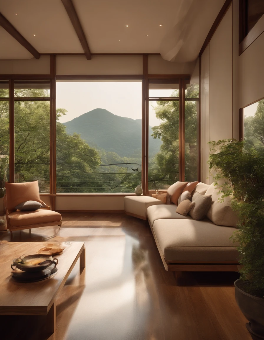 rich food. royal. rich, food. panoramic windows. bright. daylight. sun rays. happy home. happy color. delicious home. interior design. modern japanese mix europe style interior happy. bright color happy. ultra detail. realistic. dreamy. high resolution. fresh happy. Interior design、detailed wide-angle building photos、cozy contemporary living room、award-winning contemporary interior design、Landscapes、a chair、in a house、wooden floor、window、dining room、east asian architecture、Sliding paper doors、buliding、the woods、natural、Cups、A plant、Interior design、depth of fields. royal rich living room. dining. huge floor huge ceiling, perfect cozy room. aesthetic background. perfect anime room. korean food. ((Masterpiece,best quality,8k uhd,dslr,soft lighting,high quality,hyper detail,film grain, Fujifilm XT3, UE 5 render 8k, super high resolution, supper detail:1.2,droste effect photography, macro photography, cinematic lighting, interior design, glossy flooR)), livingroom. reflect. background chinese cityscape. 