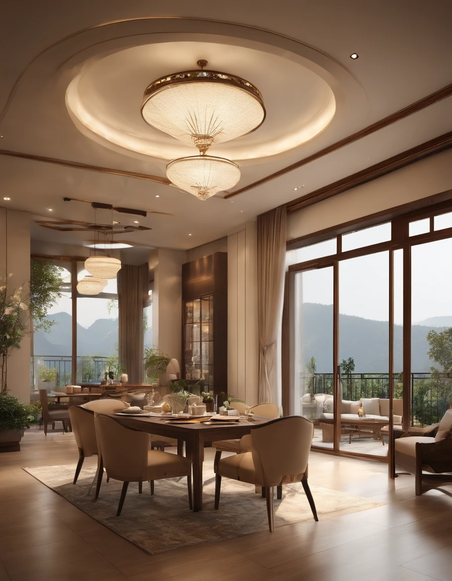 rich food. royal. rich, food. panoramic windows. bright. daylight. sun rays. happy home. happy color. delicious home. interior design. modern japanese mix europe style interior happy. bright color happy. ultra detail. realistic. dreamy. high resolution. fresh happy. Interior design、detailed wide-angle building photos、cozy contemporary living room、award-winning contemporary interior design、Landscapes、a chair、in a house、wooden floor、window、dining room、east asian architecture、Sliding paper doors、buliding、the woods、natural、Cups、A plant、Interior design、depth of fields. royal rich living room. dining. huge floor huge ceiling, perfect cozy room. aesthetic background. perfect anime room. korean food. ((Masterpiece,best quality,8k uhd,dslr,soft lighting,high quality,hyper detail,film grain, Fujifilm XT3, UE 5 render 8k, super high resolution, supper detail:1.2,droste effect photography, macro photography, cinematic lighting, interior design, glossy flooR)), livingroom. reflect. background chinese cityscape. 