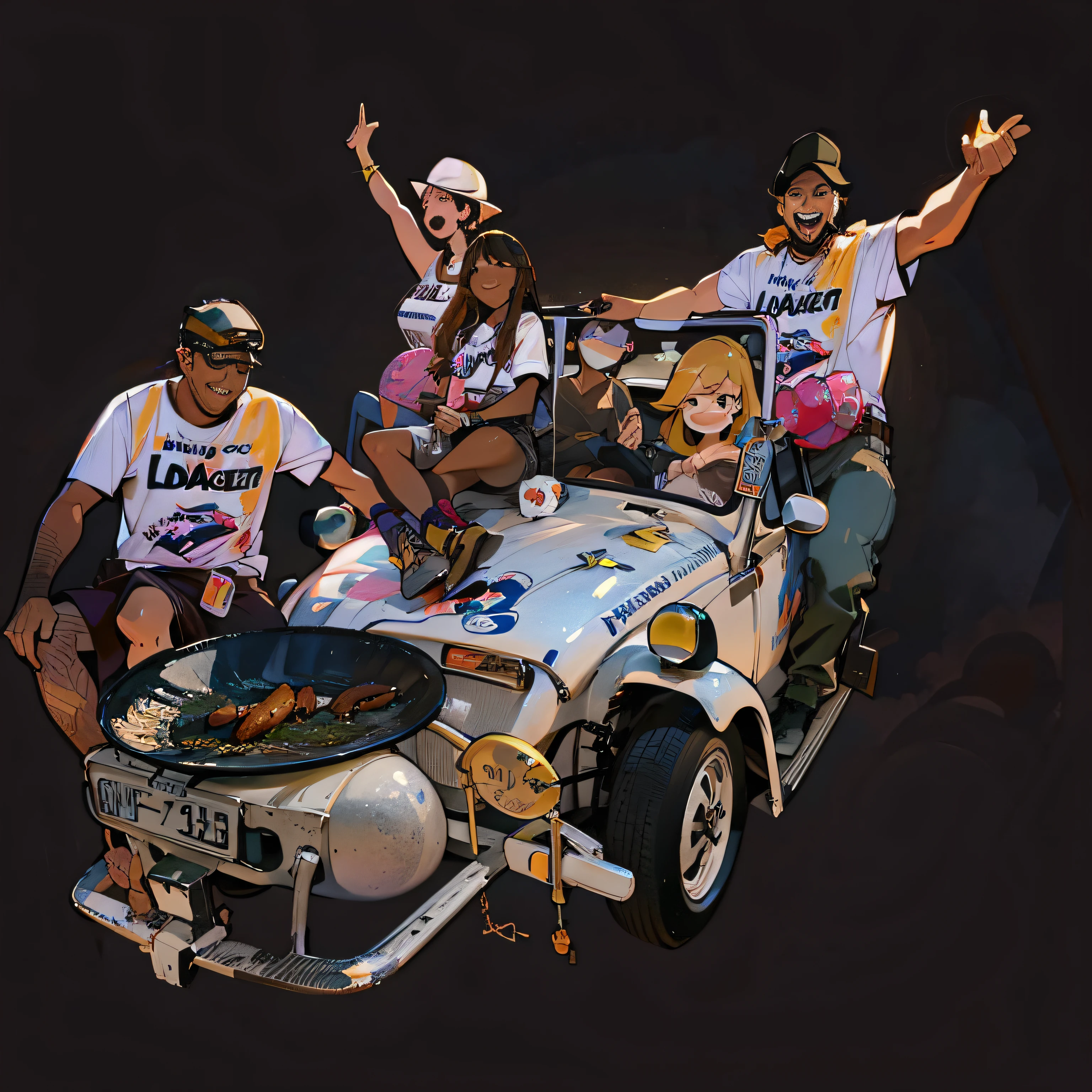 there are four people sitting in a car with a barbecue attached to the front of the car, Caricature drawing, official art, very happy!, tourist photo, winning, promotional art, edited, beetle, cool look, celebration, last photo, happy!, proud look, photo rendering, festival, by Lee Loughridge, celebrating, VW Beetle buggy, lada, full car, High quality drawing