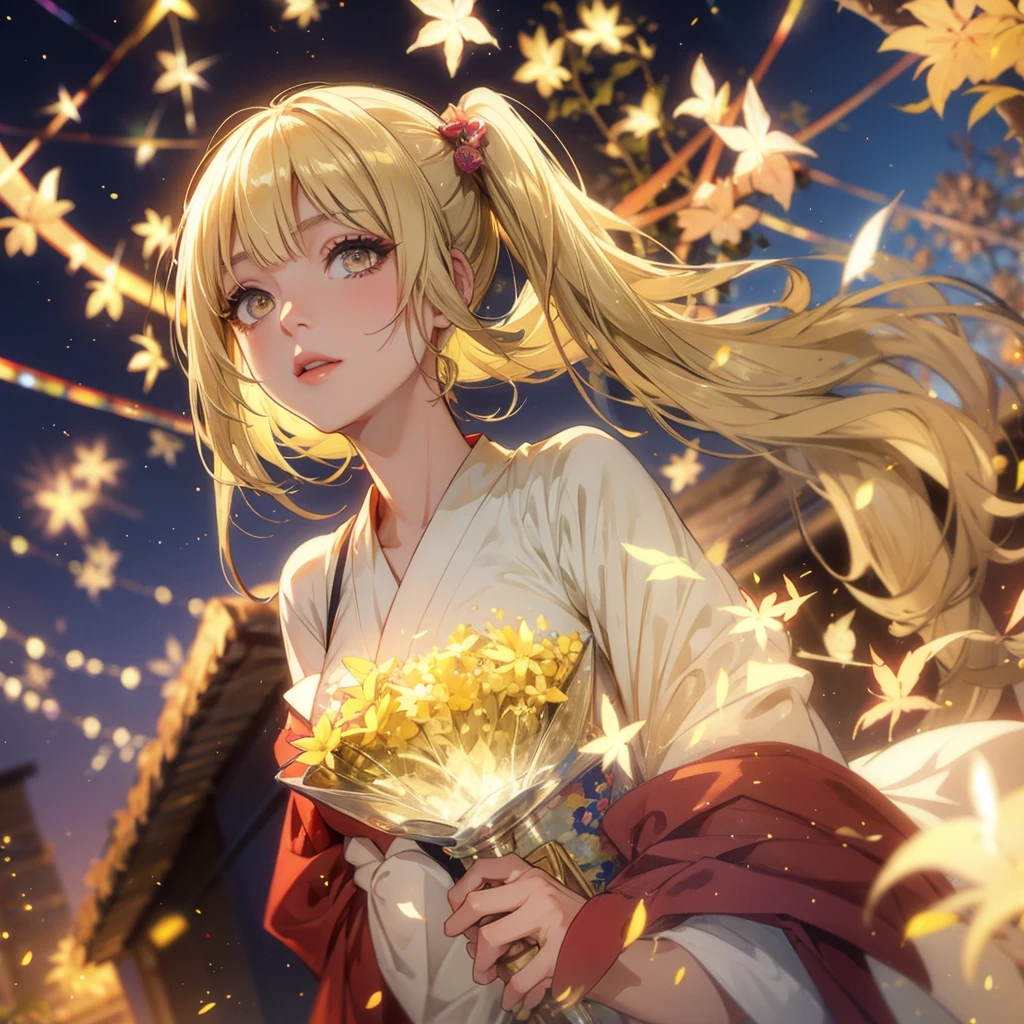 Layla , kimono night in firework , blonde hair, pigtailed haired , yellowish eyes