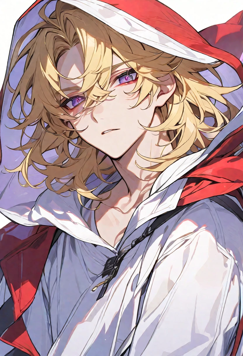Solo, 1 male, blonde hair, violet eyes, white shirt, red and white hood