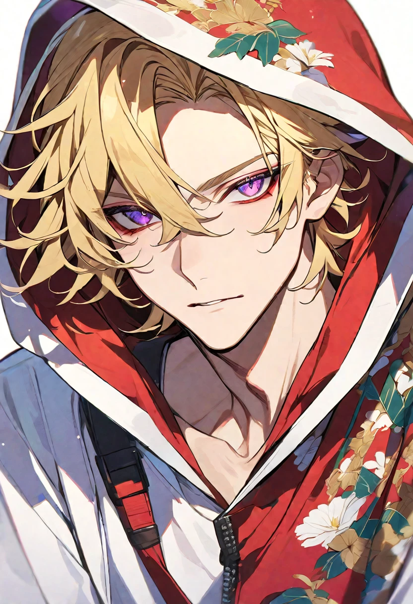 Solo, 1 male, blonde hair, violet eyes, white shirt, red and white hood