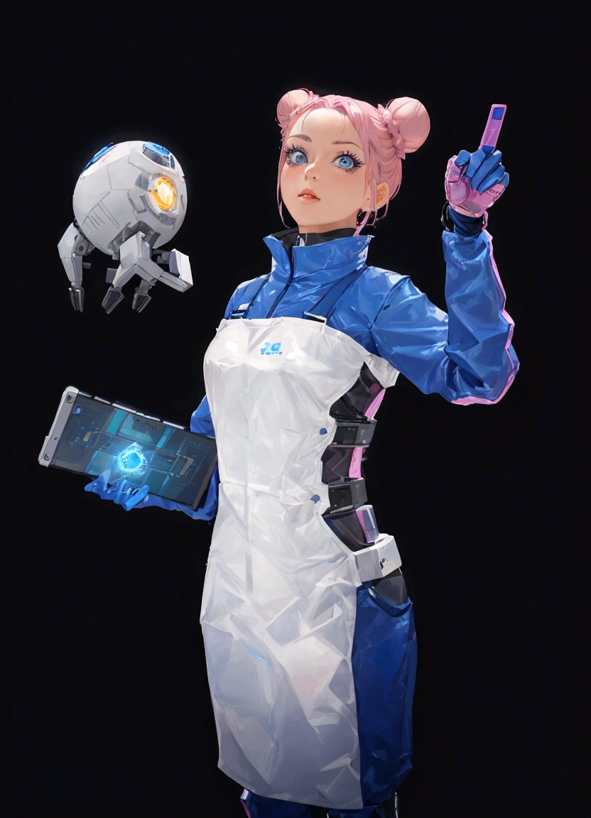 A female character with pink hair styled into buns, wearing a blue and white futuristic outfit that includes a vest, gloves, and boots, stands against a black background. She is holding a small robot in her left hand and a tablet in her right hand, which displays a holographic image of a planet. Her pose is confident with one hand pointing upwards.