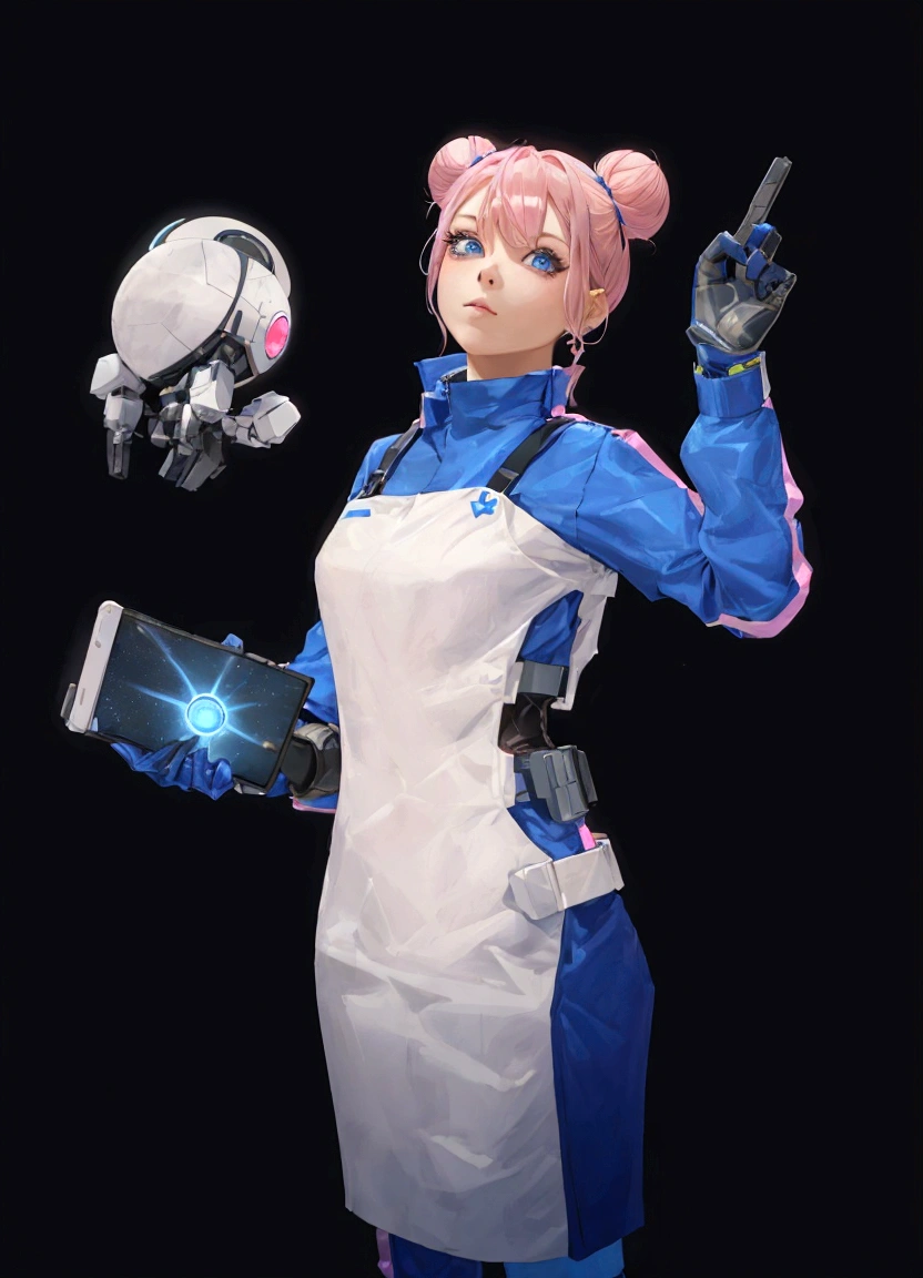 A female character with pink hair styled into buns, wearing a blue and white futuristic outfit that includes a vest, gloves, and boots, stands against a black background. She is holding a small robot in her left hand and a tablet in her right hand, which displays a holographic image of a planet. Her pose is confident with one hand pointing upwards.