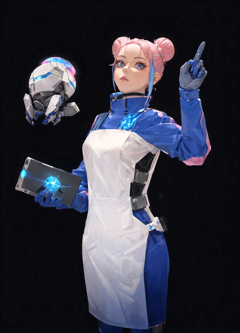 A female character with pink hair styled into buns, wearing a blue and white futuristic outfit that includes a vest, gloves, and boots, stands against a black background. She is holding a small robot in her left hand and a tablet in her right hand, which displays a holographic image of a planet. Her pose is confident with one hand pointing upwards.