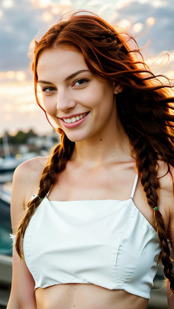 a photograph of a red-haired woman with windblown braids, Her hair tangled like flames against a twilight sky, emanating untamed beauty, green eyes, angel face, smiling, Nice smile, Perfect face, super white skin color, with american features, young girl, silk skin, ultra 8k quality