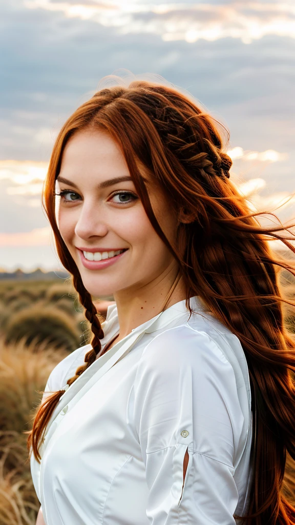 a photograph of a red-haired woman with windblown braids, Her hair tangled like flames against a twilight sky, emanating untamed beauty, green eyes, angel face, smiling, Nice smile, Perfect face, super white skin color, with american features, young girl, silk skin, ultra 8k quality