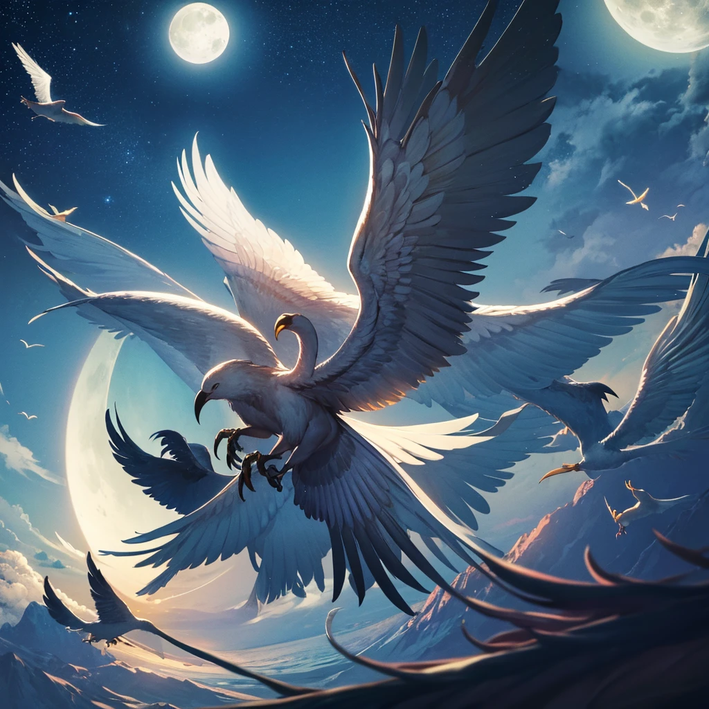 Beautiful night time birds are flying forever, full moon, magical landscape