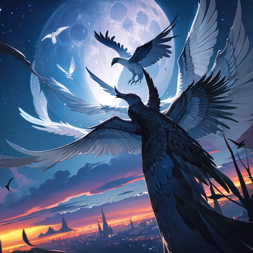 Beautiful night time birds are flying forever, full moon, magical landscape