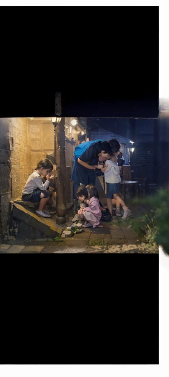 Composition based on everyday life, village, rain and night outside, wind, three children on a lamp-lit veranda, the leftmost boy is just sitting, looking at the kitten, girl sits and looks at the kitten, crouching down, and the rightmost character, a boy, covers a girl and a kitten with his jacket