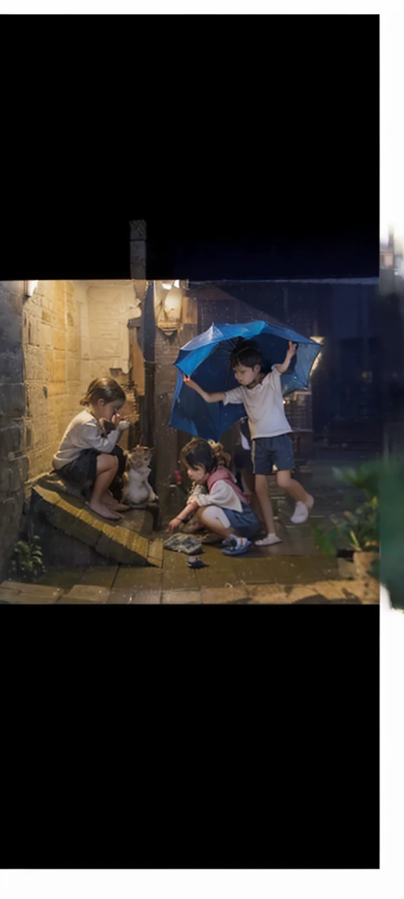 Composition based on everyday life, village, rain and night outside, wind, three children on a lamp-lit veranda, the leftmost boy is just sitting, looking at the kitten, girl sits and looks at the kitten, crouching down, and the rightmost character, a boy, covers a girl and a kitten with his jacket
