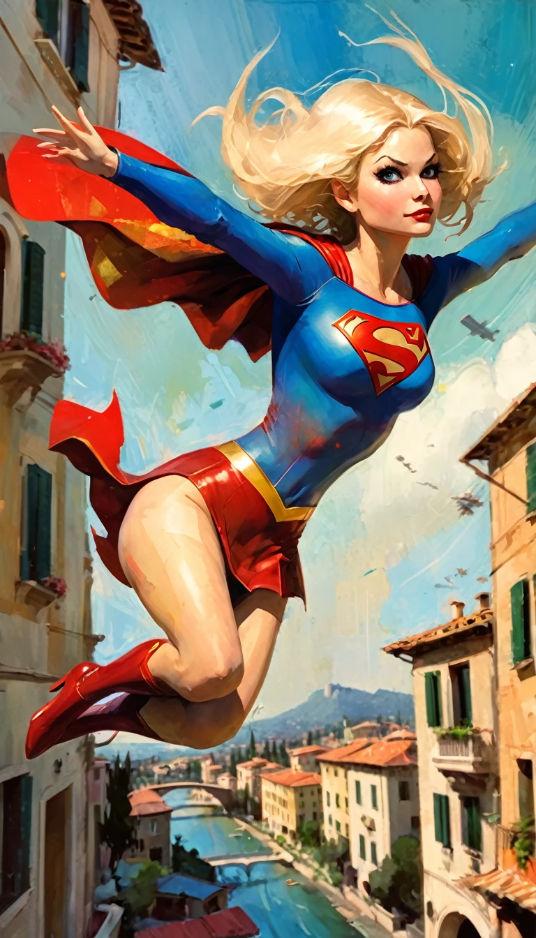 chopped shot, supergirl character, flying over a cute Italian city (art inspired by Bill Sienkiewicz). oil painting)