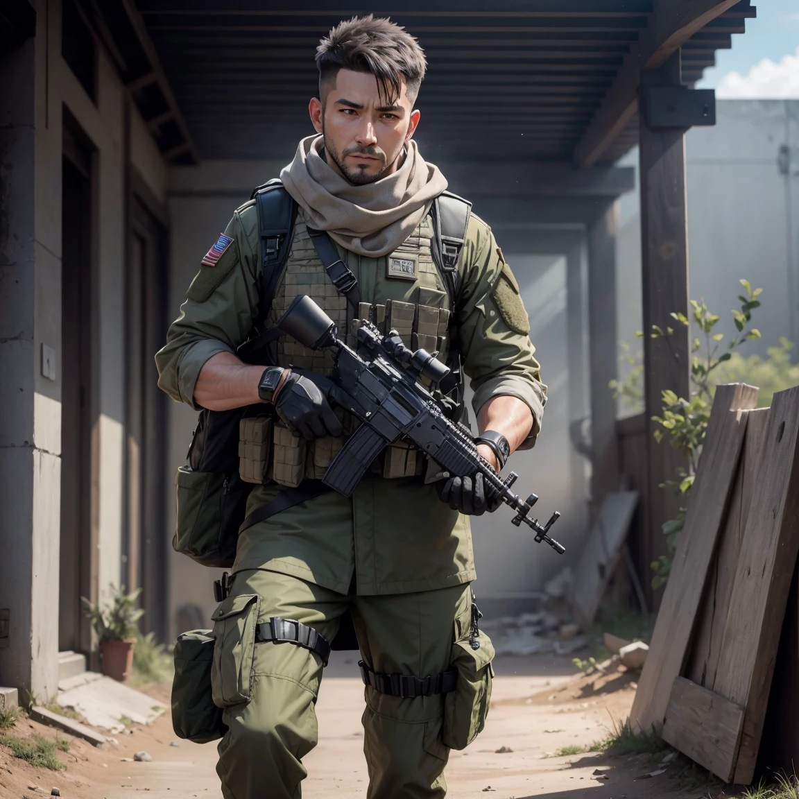 1 man, 35-year old, character of the game Cal of Duty Modern Warfire, wearing light grey jacket, (camouflage white scarf), armored vest, Military Camouflage Panama, black half-gloves, sneaky, unshaved, (free hands:1,2), (full length:1.3), warzone