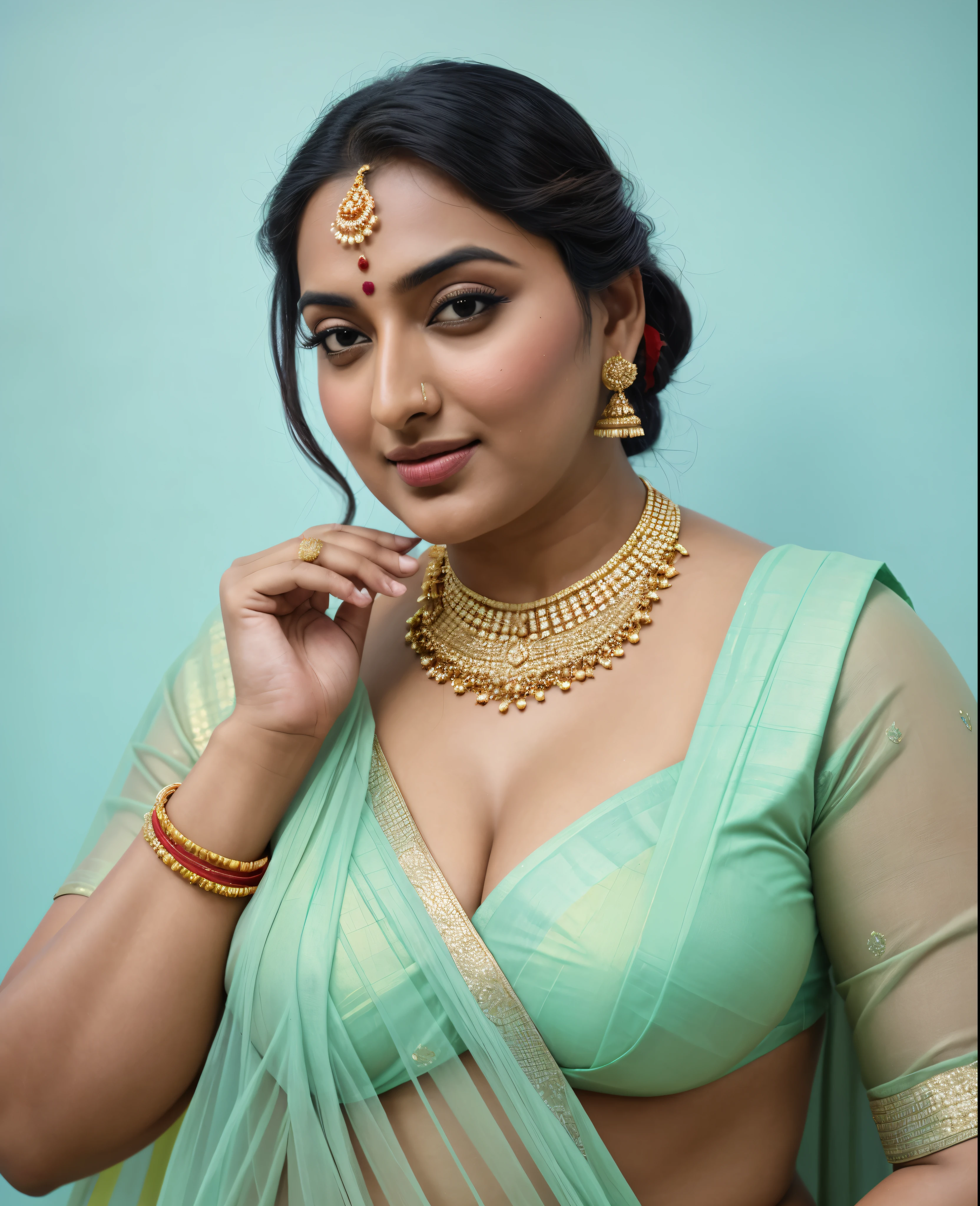 Foto RAW, photorealistic, photography, full body shot, master shot, perfect eyes, goddess like beauty, pierced eyes, perfect thick chubby mallu Desi aunty bhabhi, Wearing a Stanapatta, a chest-band.Saree model, model Photography, Indian saree shoot, Indian traditional wear advertising photography, traditional wear brand shoot, face of Indian actress Sonakshi Sinha, masterpiece, realistic, realism, incredible details, pleasure, photorealism, detailed skin, skin pores, high contrast, photorealistic Artstation 8k HD digital art trend of high definition and detailed realistic skin texture, ultra detail, realistic skin texture, armature, best quality, ultra high definition, (photorealistic:1.4),, high resolution, detail, raw photo, sweat, Re sharp, by Lee Jefferies Nikon D850 Film Stock Photo 4 Kodak Portra 400 Camera F1.6 Lens Rich Color Ultra Real Realistic Realistic Textures Dramatic Lighting Unreal Engine Trending at Art Station Cinestill 800,(pele altamente detalhada: 1.2), 8k UHD, DSLR, soft-lighting, alta qualidade, grain of film, Fujifilm XT3,she didn't like to wear blouse or bra, she is happy to wear only saree, she hates blouse or bra, detailed hairy armpits, hyper realistic skin, skin pores, sweat, veins,