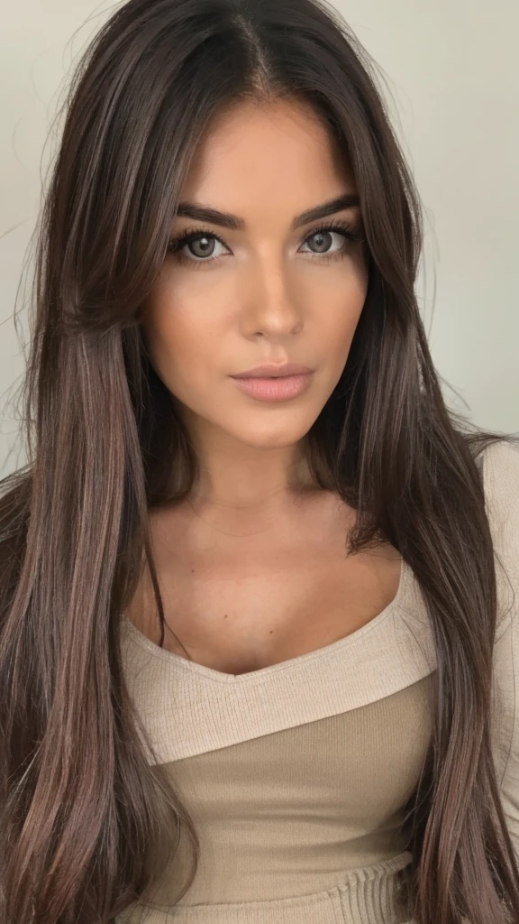 neutral face of brown hair woman