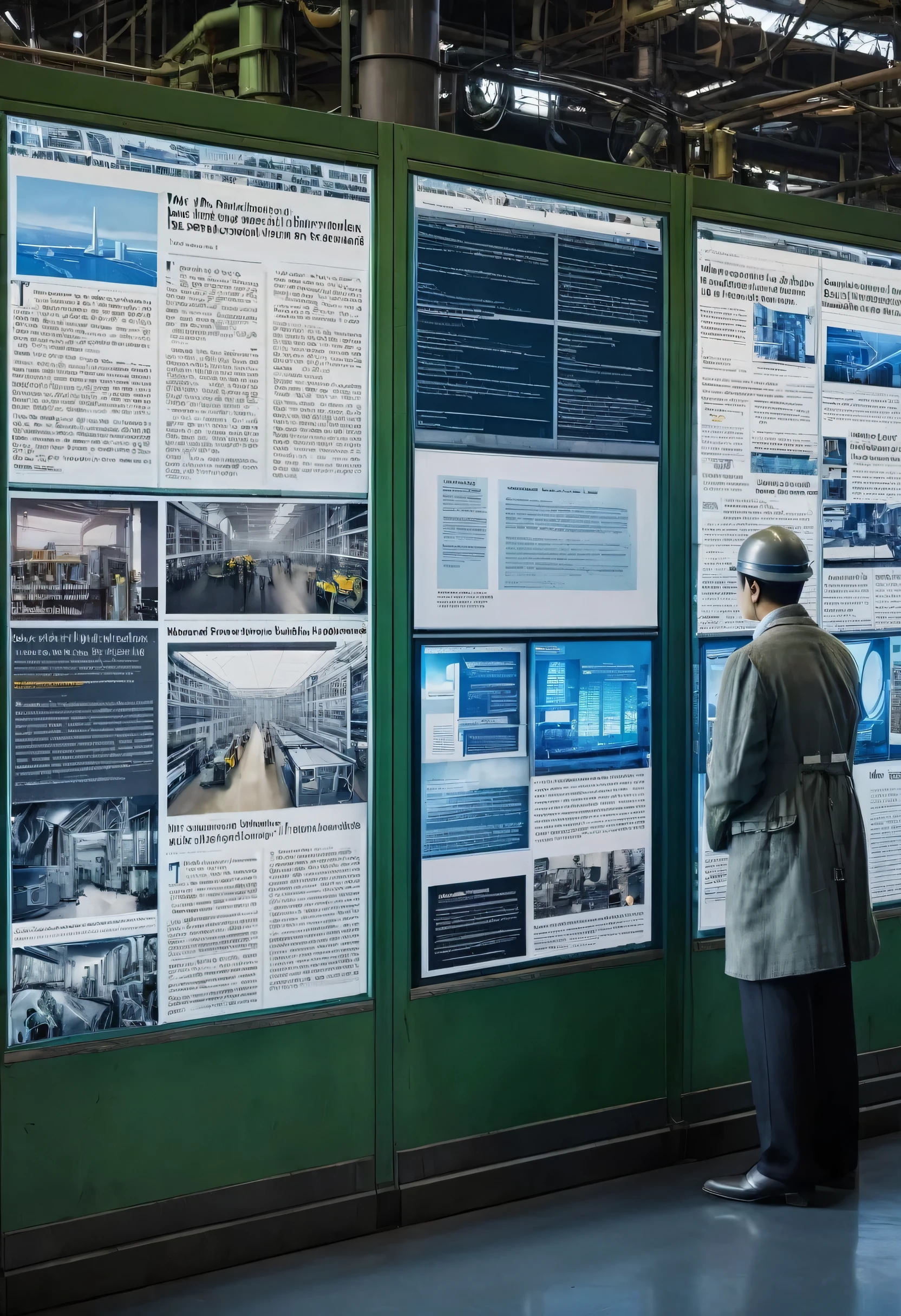 A high-tech factory, with futuristic machines and equipment, but with an architecture and design reminiscent of an early 20th century factory. Modern robots work alongside workers wearing period clothing, while holographic screens display up-to-date news on advances in artificial intelligence, industrial sustainability and new technological discoveries. Ao fundo, an old bulletin board displays headlines about the recent merger of two major technology companies and the implementation of renewable energy in industry. The scene is a fusion of past and present, where the future of the industry is shaped by its historical roots.