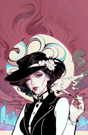 there is a woman in a hat and a suit smoking a cigarette, in style of digital illustration, in a mixed style of æon flux, inspired by Evaline Ness, art nouveau cyberpunk! style, stylized digital illustration, drawn in a neo - noir style, art nouveau! cyberpunk! style, inspired by Shinoda Toko, art deco illustration