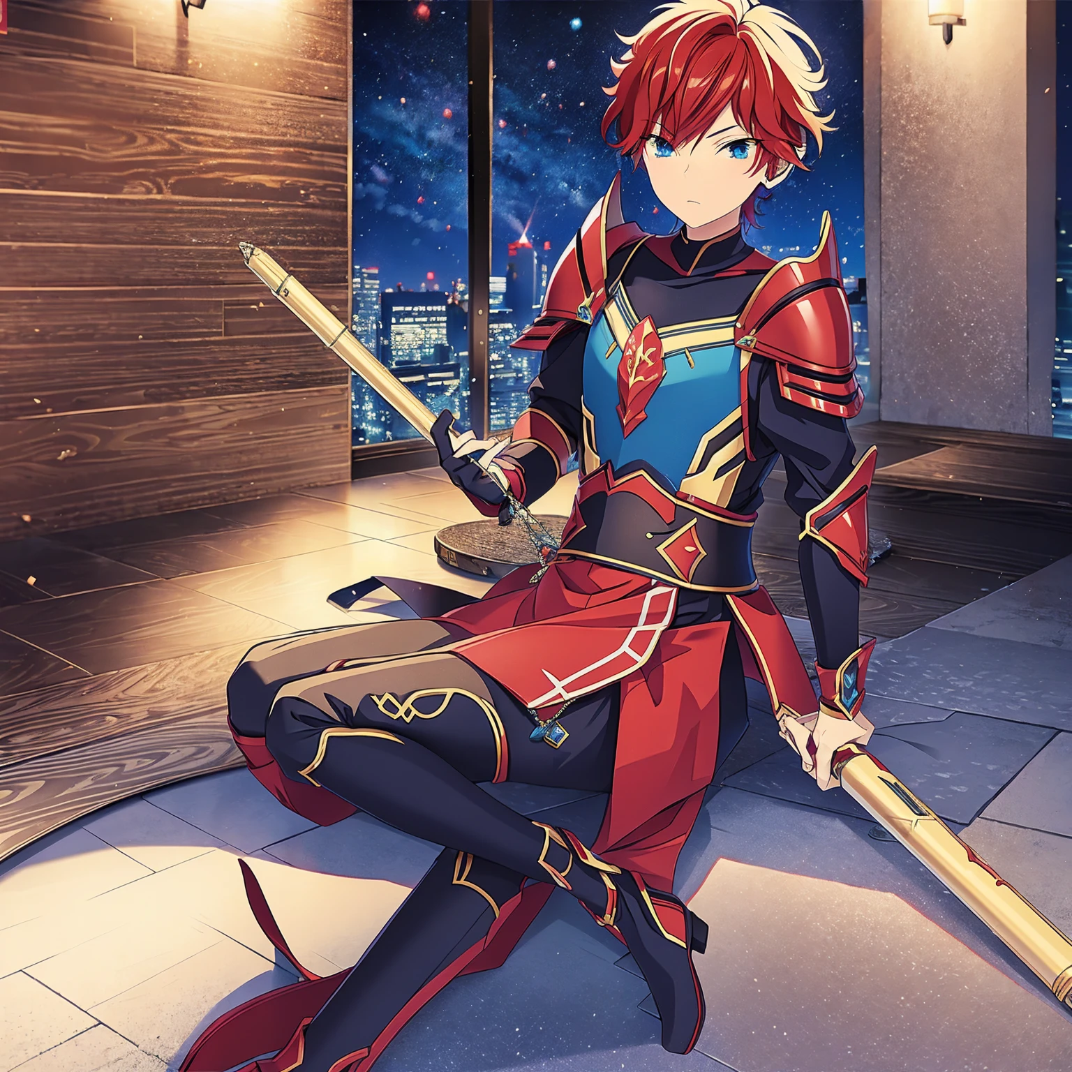 1 knight, Red hair, blue colored eyes, red knight armor, heavy armor, posture would be, 15year old, natta, closed sky, chest armor, focus from the waist up, avoid hands in the image.