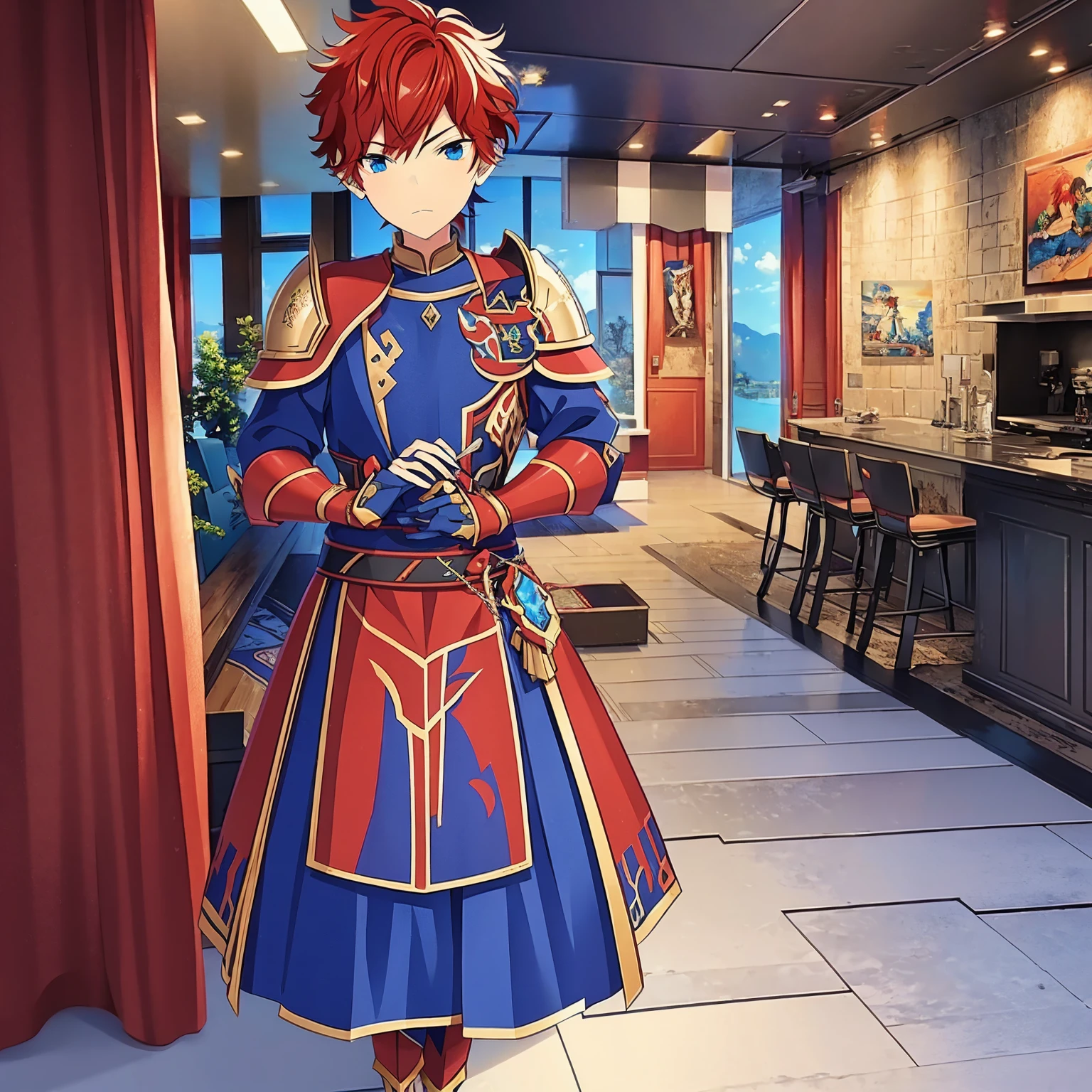 1 knight, Red hair, blue colored eyes, red knight armor, heavy armor, posture would be, 15year old, natta, closed sky, chest armor, focus from the waist up, avoid hands in the image.