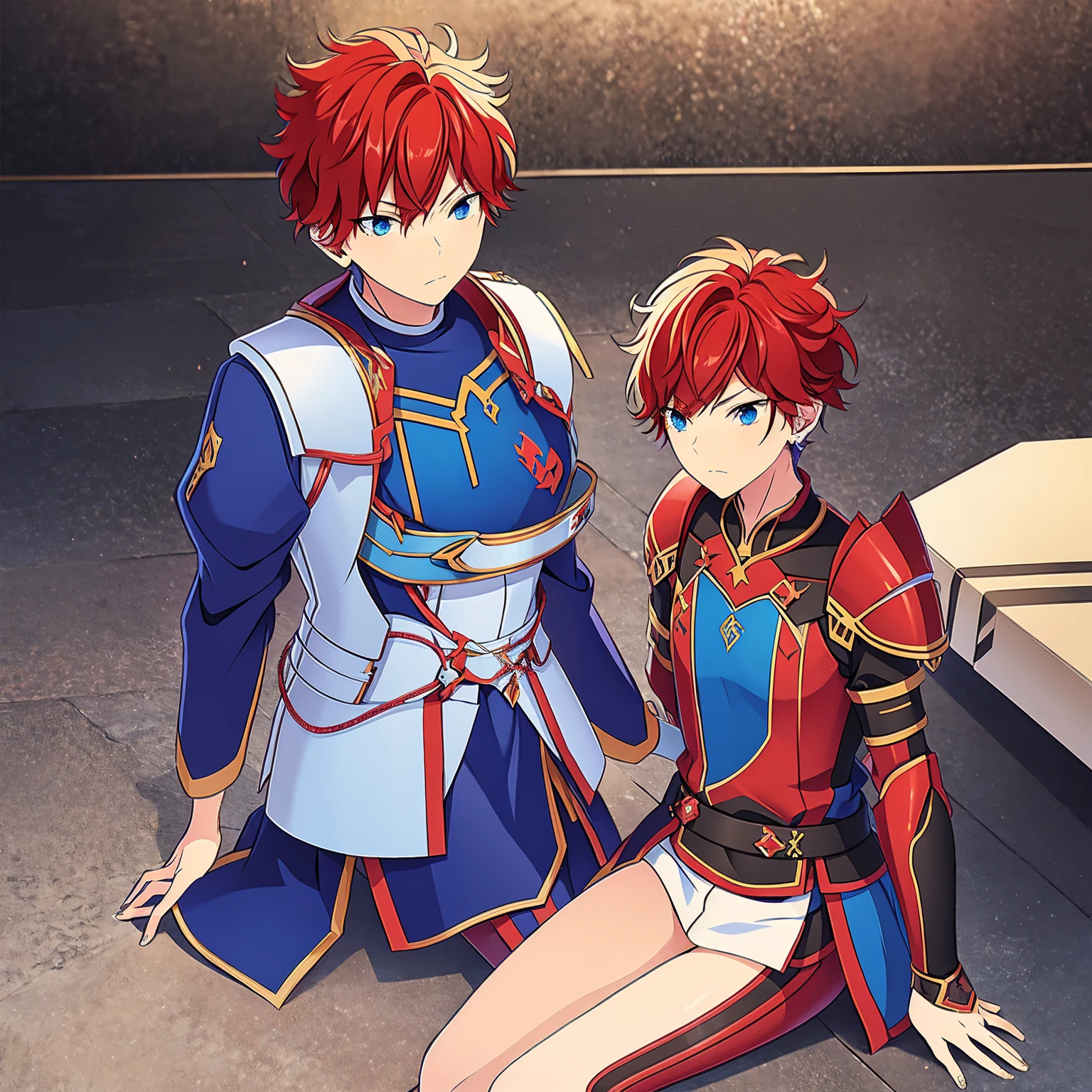 1 knight, Red hair, blue colored eyes, red knight armor, heavy armor, posture would be, 15year old, natta, closed sky, chest armor, focus from the waist up, avoid hands in the image.