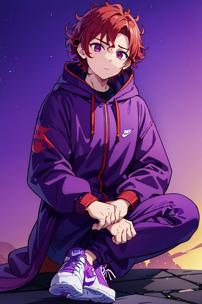((whole body)), ((  boy ,male gender)), ((curly red hair)), ((masculine face)),((eyeballs )),((purple hooded coat )),((purple pants )),((white nike shoes)) sitting looking at the sky