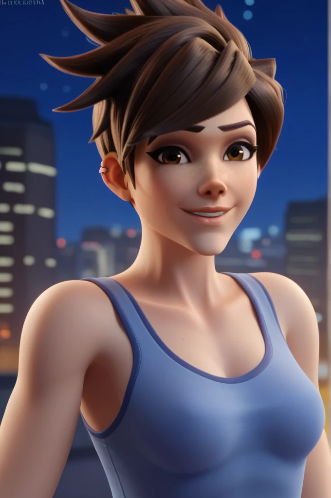 score_9, score_8_up, score_7_up, BREAK, 1woman, solo, tracer \(overwatch\), portrait, upper body, smile, looking at viewer, depth of field, outdoors, night, night sky, city, tank top, high quality