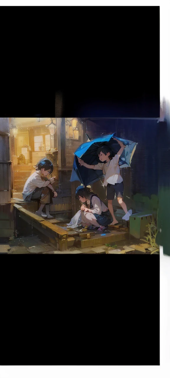Composition based on everyday life, village, rain and night outside, wind, three children on a lamp-lit veranda, the leftmost boy is just sitting, looking at the kitten, girl sits and looks at the kitten, crouching down, and the rightmost character, a boy, covers a girl and a kitten with his jacket